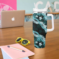 Puakenikeni Maile Lei Tumbler With Handle Frangipani Turquoise Tropical Leaves LT01 - Polynesian Pride