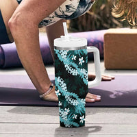 Puakenikeni Maile Lei Tumbler With Handle Frangipani Turquoise Tropical Leaves LT01 - Polynesian Pride