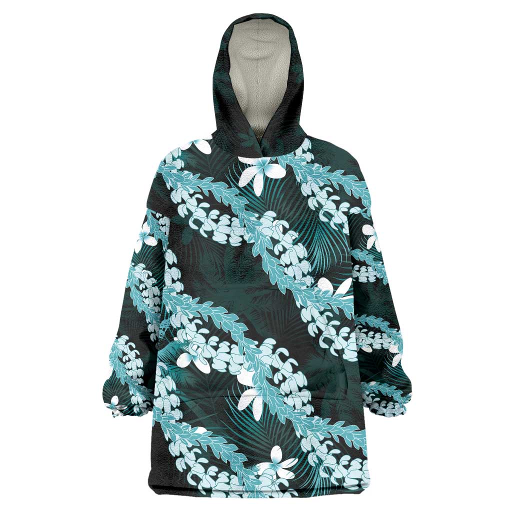 Puakenikeni Maile Lei Wearable Blanket Hoodie Frangipani Turquoise Tropical Leaves