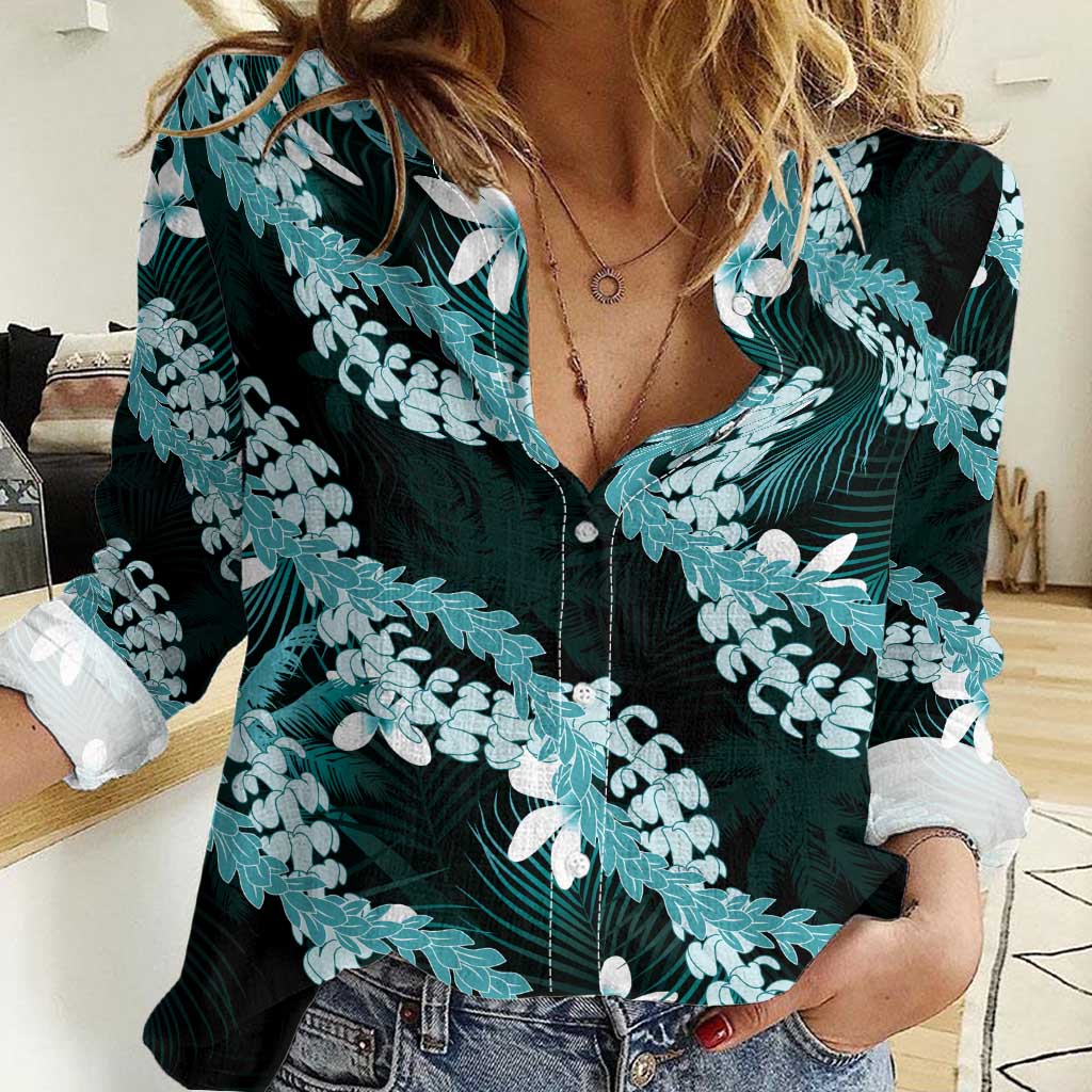 Puakenikeni Maile Lei Women Casual Shirt Frangipani Turquoise Tropical Leaves