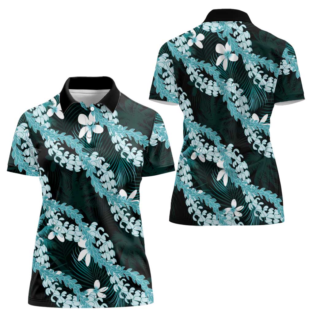 Puakenikeni Maile Lei Women Polo Shirt Frangipani Turquoise Tropical Leaves