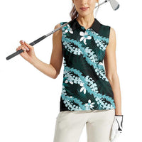 Puakenikeni Maile Lei Women Sleeveless Polo Shirt Frangipani Turquoise Tropical Leaves