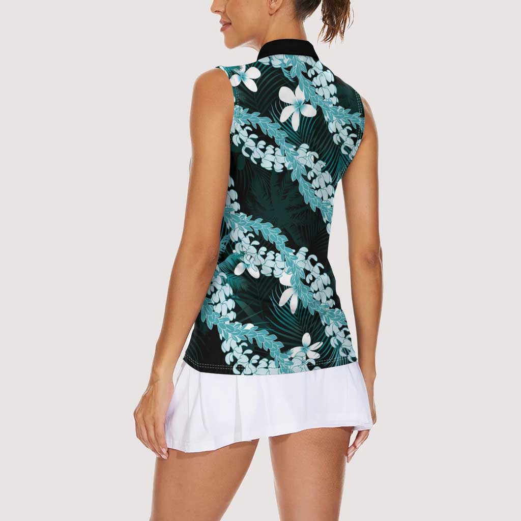 Puakenikeni Maile Lei Women Sleeveless Polo Shirt Frangipani Turquoise Tropical Leaves