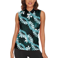 Puakenikeni Maile Lei Women Sleeveless Polo Shirt Frangipani Turquoise Tropical Leaves