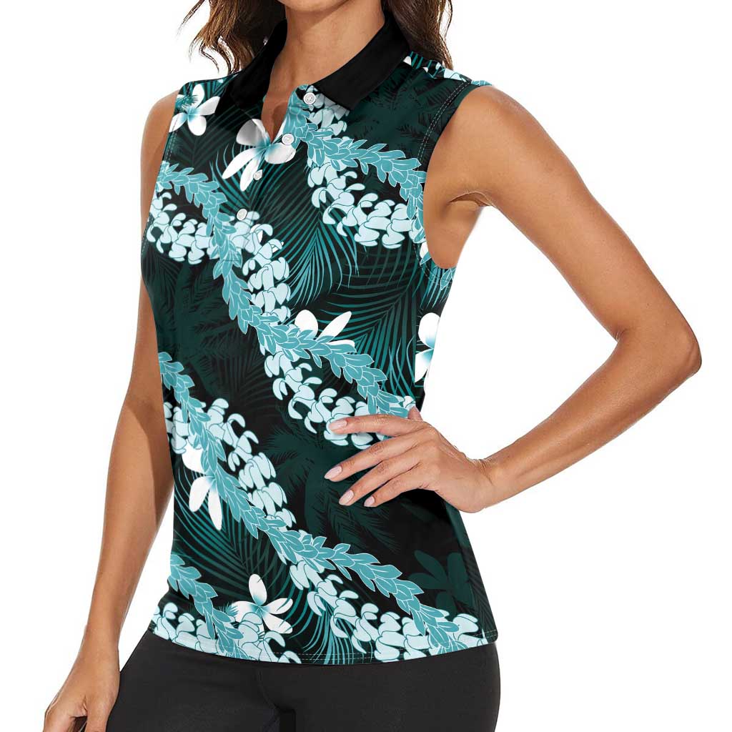 Puakenikeni Maile Lei Women Sleeveless Polo Shirt Frangipani Turquoise Tropical Leaves