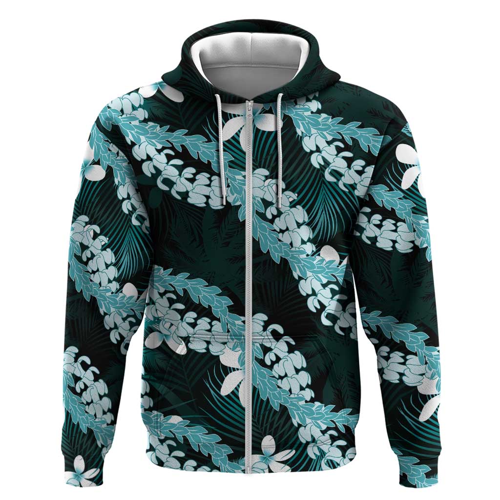 Puakenikeni Maile Lei Zip Hoodie Frangipani Turquoise Tropical Leaves LT01 Zip Hoodie Turquoise - Polynesian Pride
