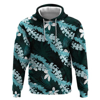 Puakenikeni Maile Lei Zip Hoodie Frangipani Turquoise Tropical Leaves LT01 Pullover Hoodie Turquoise - Polynesian Pride