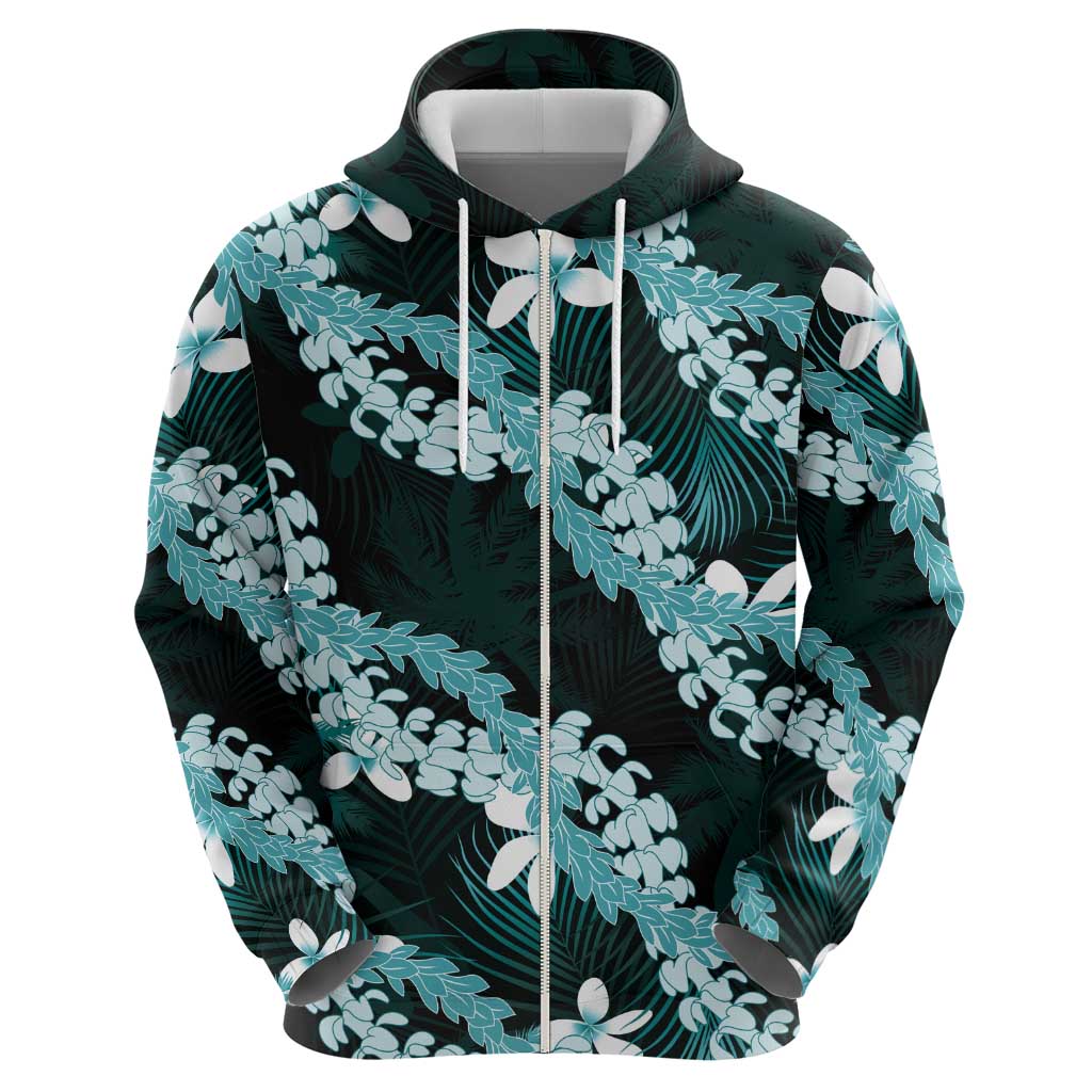 Puakenikeni Maile Lei Zip Hoodie Frangipani Turquoise Tropical Leaves LT01 - Polynesian Pride