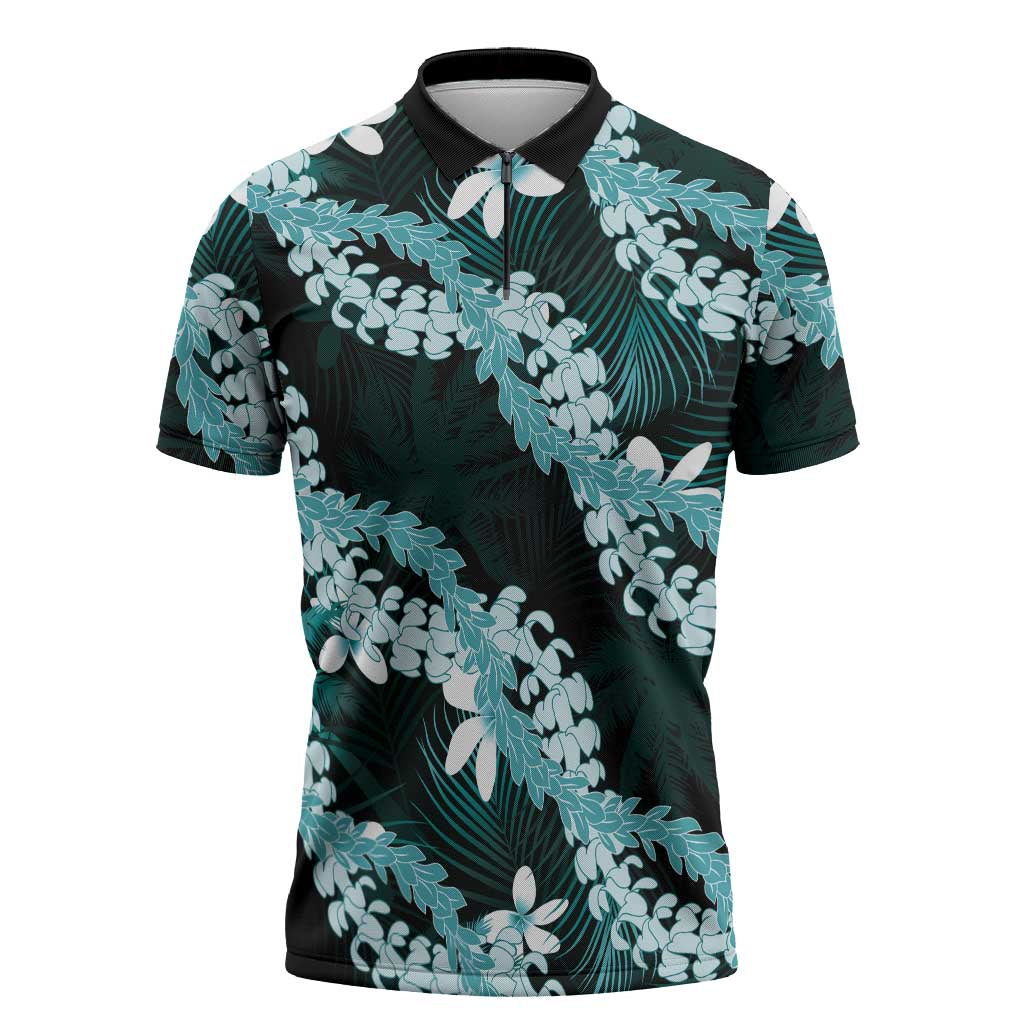 Puakenikeni Maile Lei Zipper Polo Shirt Frangipani Turquoise Tropical Leaves