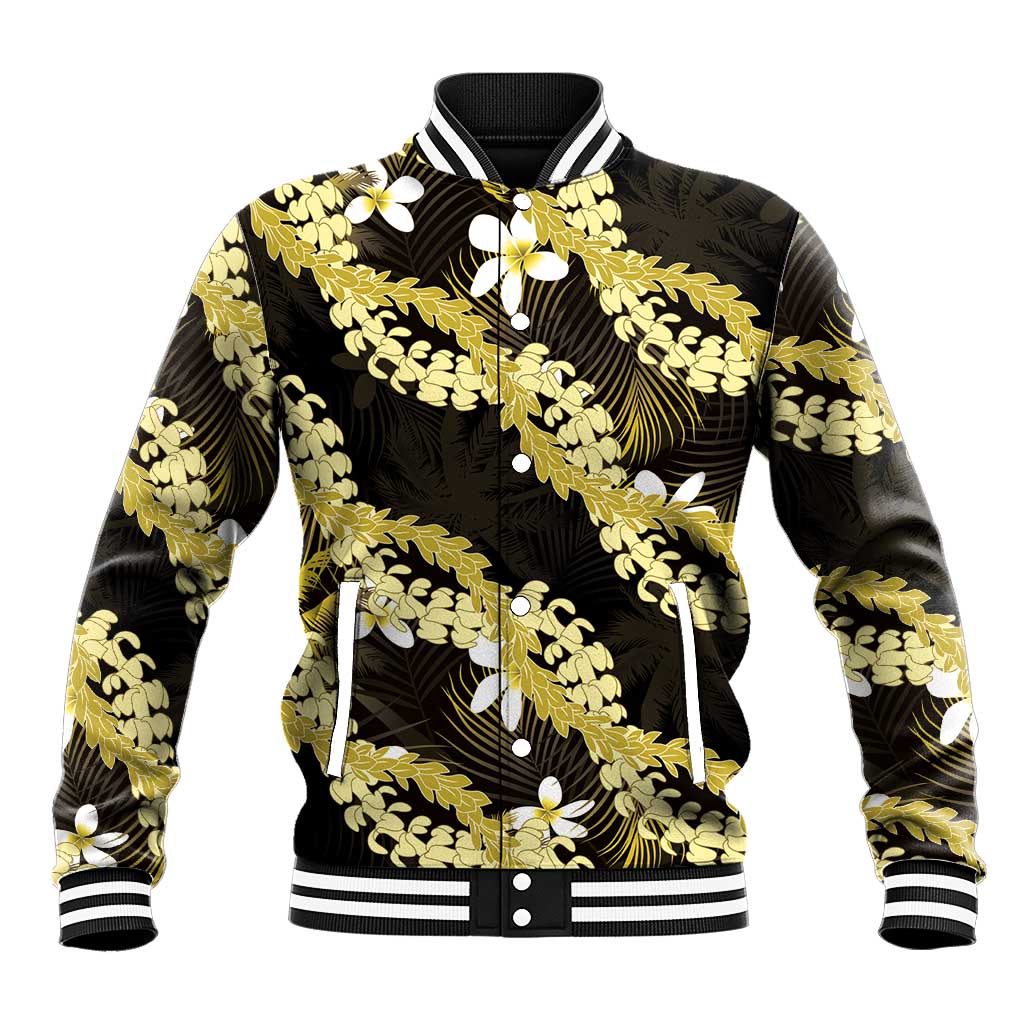 Puakenikeni Maile Lei Baseball Jacket Frangipani Yellow Tropical Leaves LT01 Unisex Yellow - Polynesian Pride