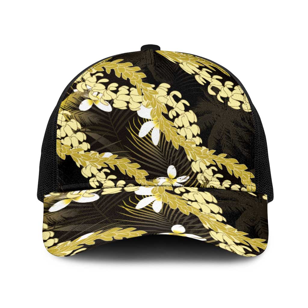 Puakenikeni Maile Lei Baseball Net Cap Frangipani Yellow Tropical Leaves LT01 One Size Black Yellow - Polynesian Pride