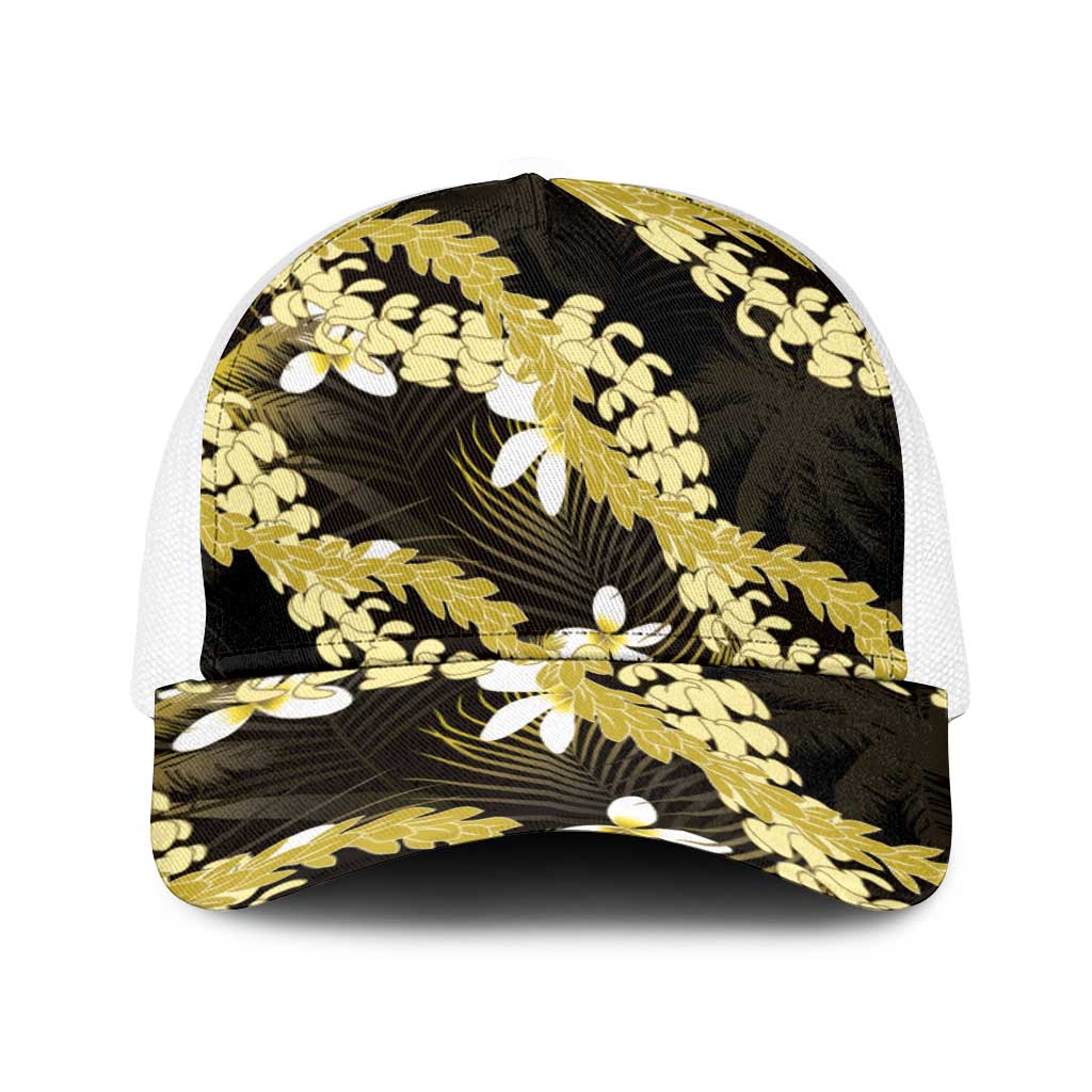 Puakenikeni Maile Lei Baseball Net Cap Frangipani Yellow Tropical Leaves LT01 One Size White Yellow - Polynesian Pride