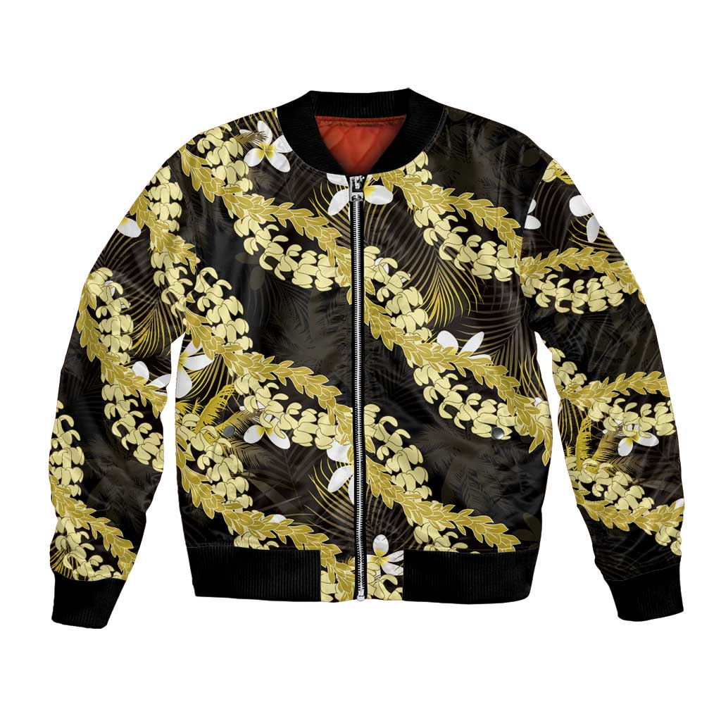Puakenikeni Maile Lei Bomber Jacket Frangipani Yellow Tropical Leaves LT01 Unisex Yellow - Polynesian Pride