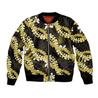 Puakenikeni Maile Lei Bomber Jacket Frangipani Yellow Tropical Leaves LT01 Unisex Yellow - Polynesian Pride