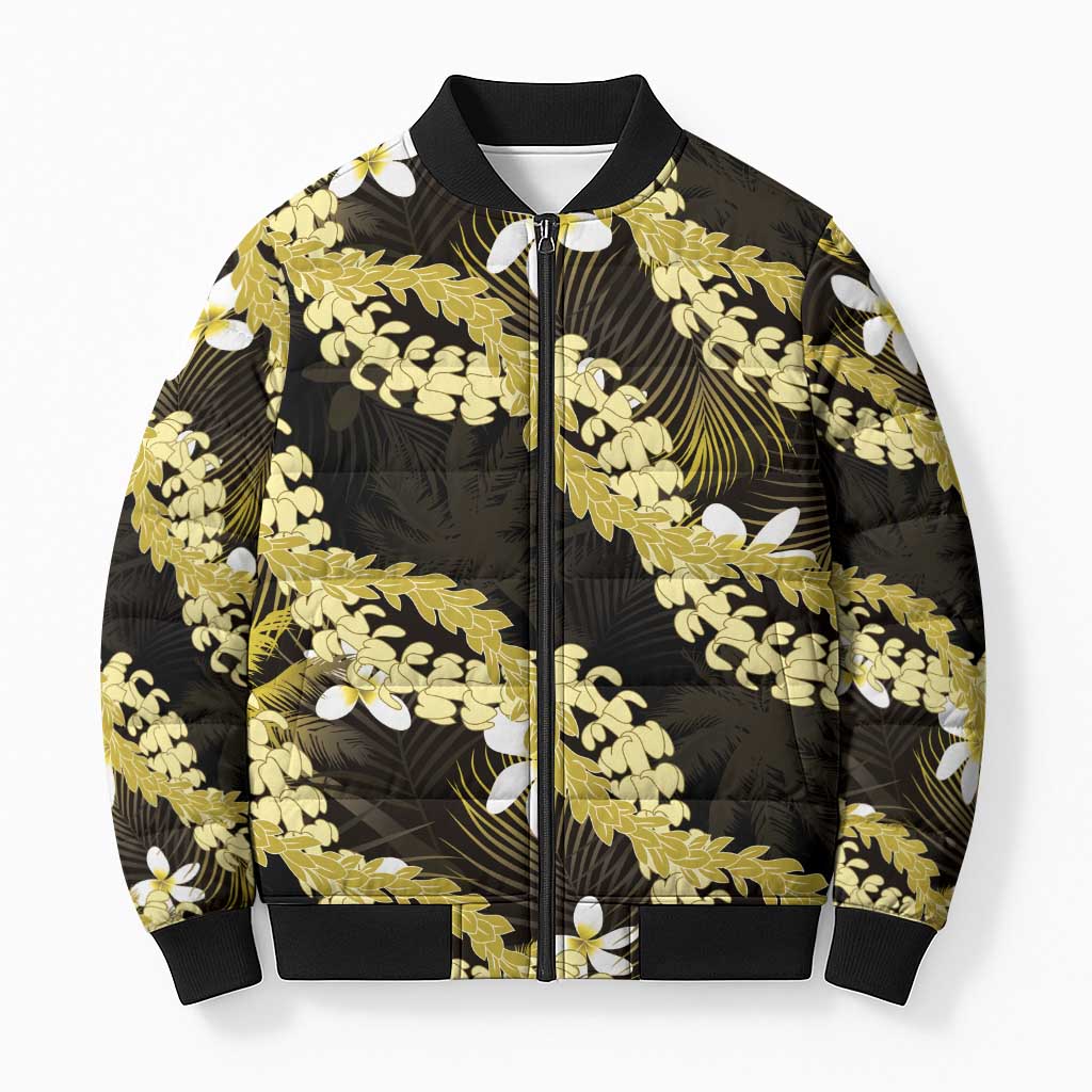 Puakenikeni Maile Lei Bomber Puffer Jacket Frangipani Yellow Tropical Leaves