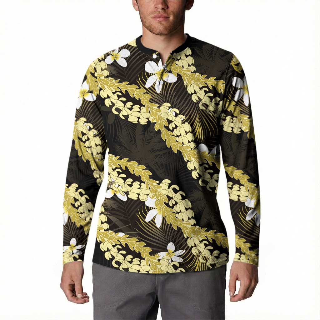 Puakenikeni Maile Lei Button Sweatshirt Frangipani Yellow Tropical Leaves LT01 - Polynesian Pride