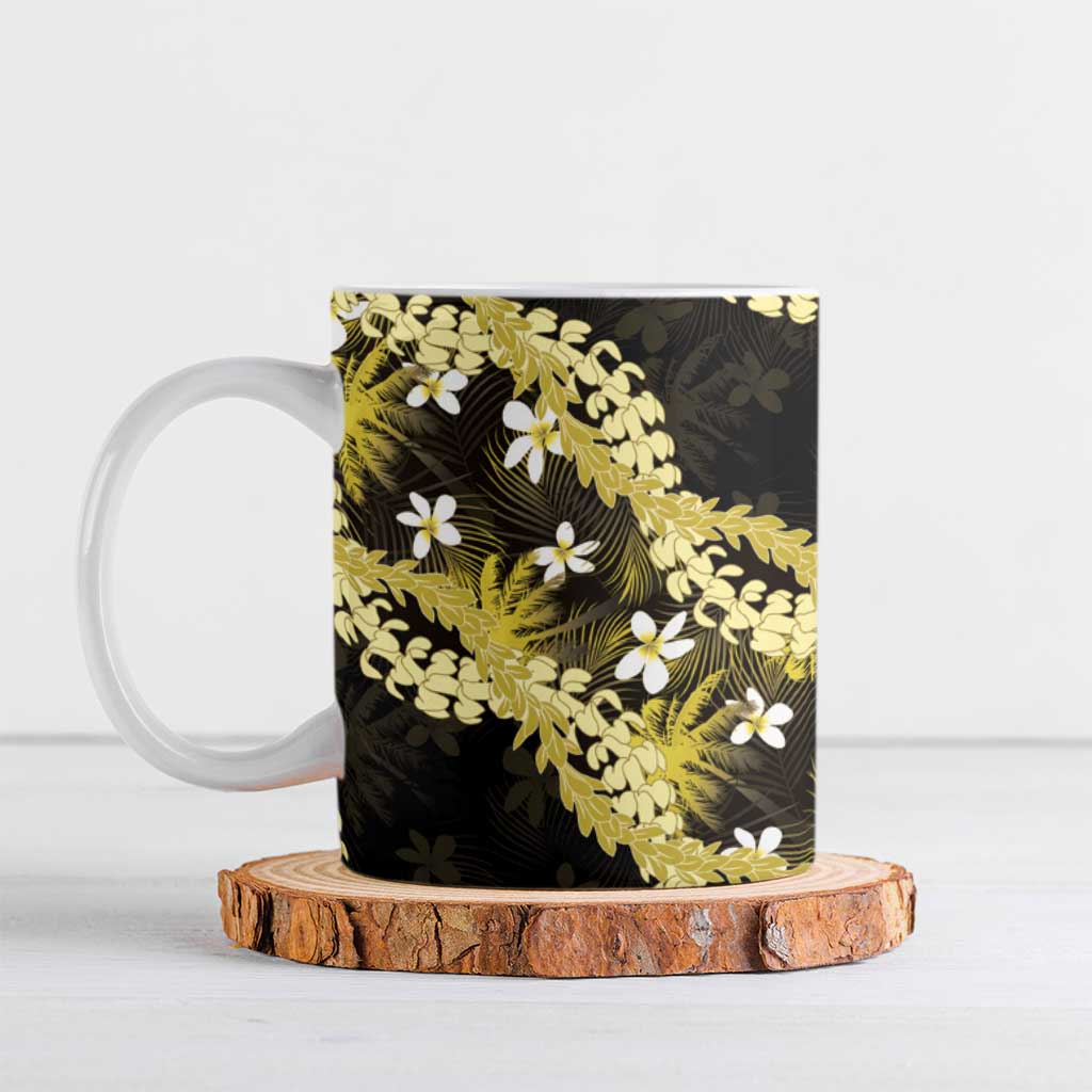 Puakenikeni Maile Lei Ceramic Mug Frangipani Yellow Tropical Leaves LT01 Yellow - Polynesian Pride