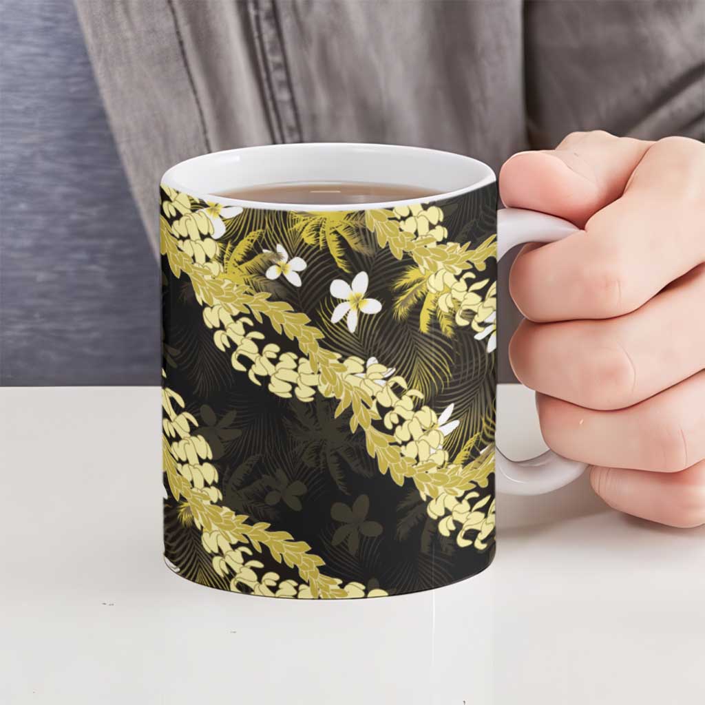 Puakenikeni Maile Lei Ceramic Mug Frangipani Yellow Tropical Leaves LT01 - Polynesian Pride