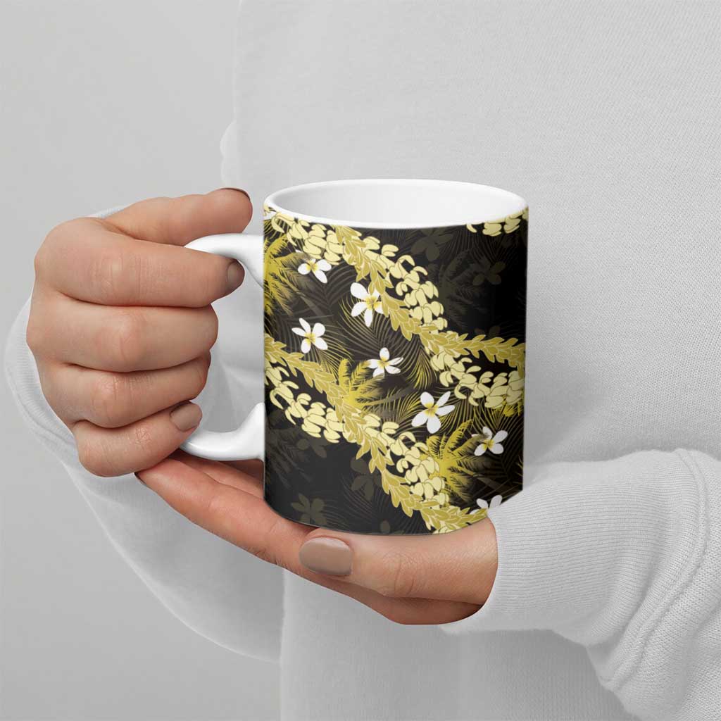 Puakenikeni Maile Lei Ceramic Mug Frangipani Yellow Tropical Leaves LT01 - Polynesian Pride