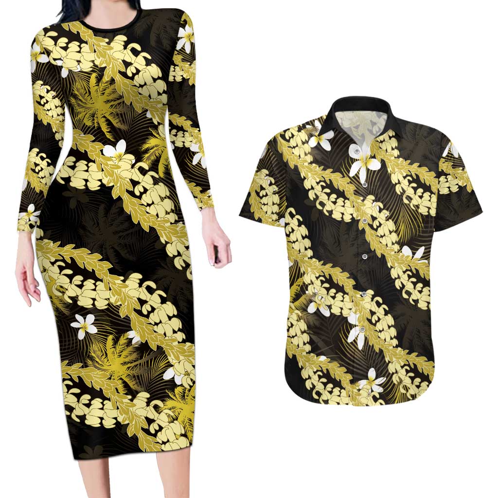 Puakenikeni Maile Lei Couples Matching Long Sleeve Bodycon Dress and Hawaiian Shirt Frangipani Yellow Tropical Leaves