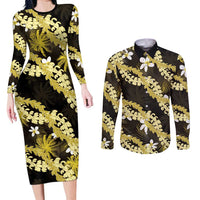 Puakenikeni Maile Lei Couples Matching Long Sleeve Bodycon Dress and Long Sleeve Button Shirt Frangipani Yellow Tropical Leaves