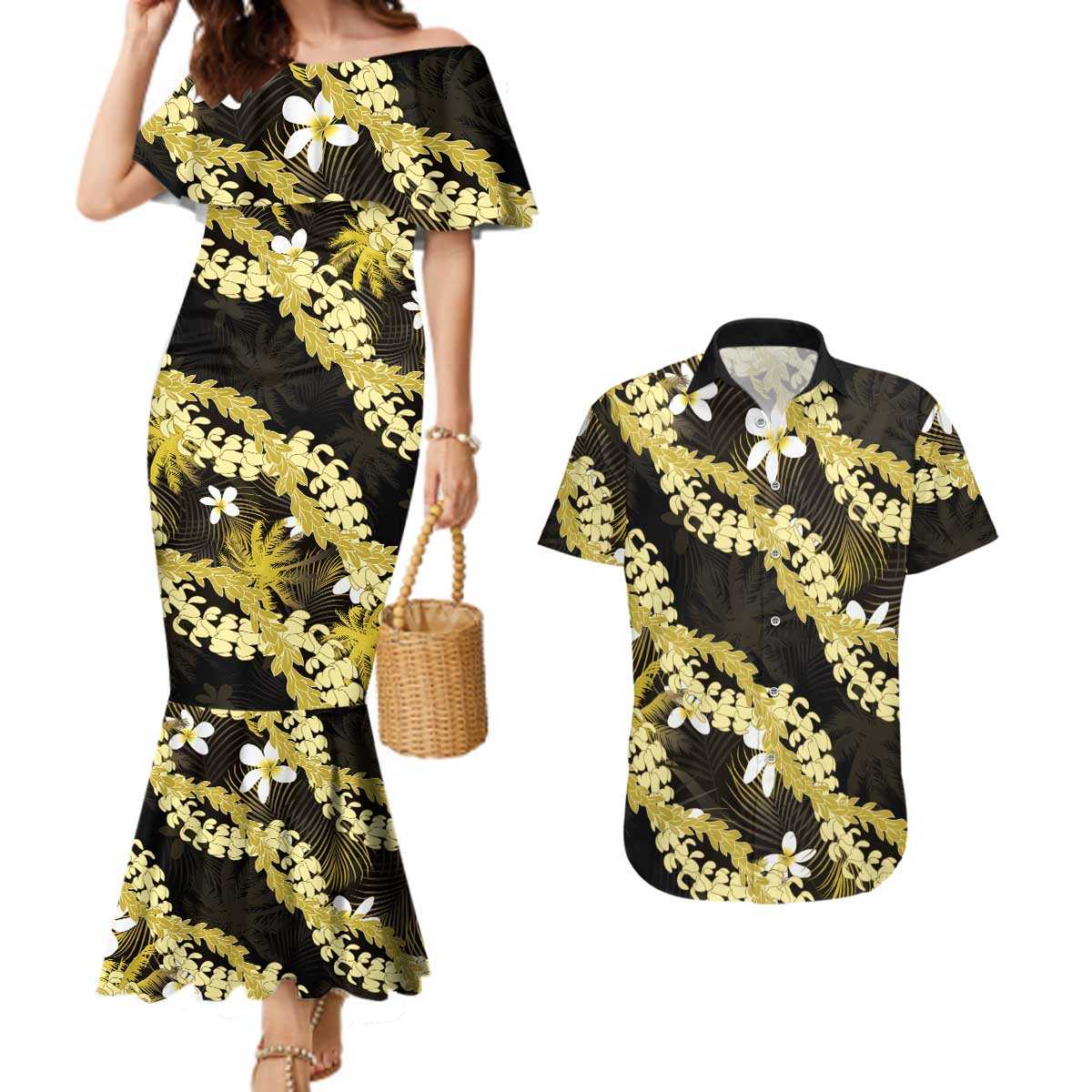 Puakenikeni Maile Lei Couples Matching Mermaid Dress and Hawaiian Shirt Frangipani Yellow Tropical Leaves