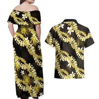 Puakenikeni Maile Lei Couples Matching Off Shoulder Maxi Dress and Hawaiian Shirt Frangipani Yellow Tropical Leaves
