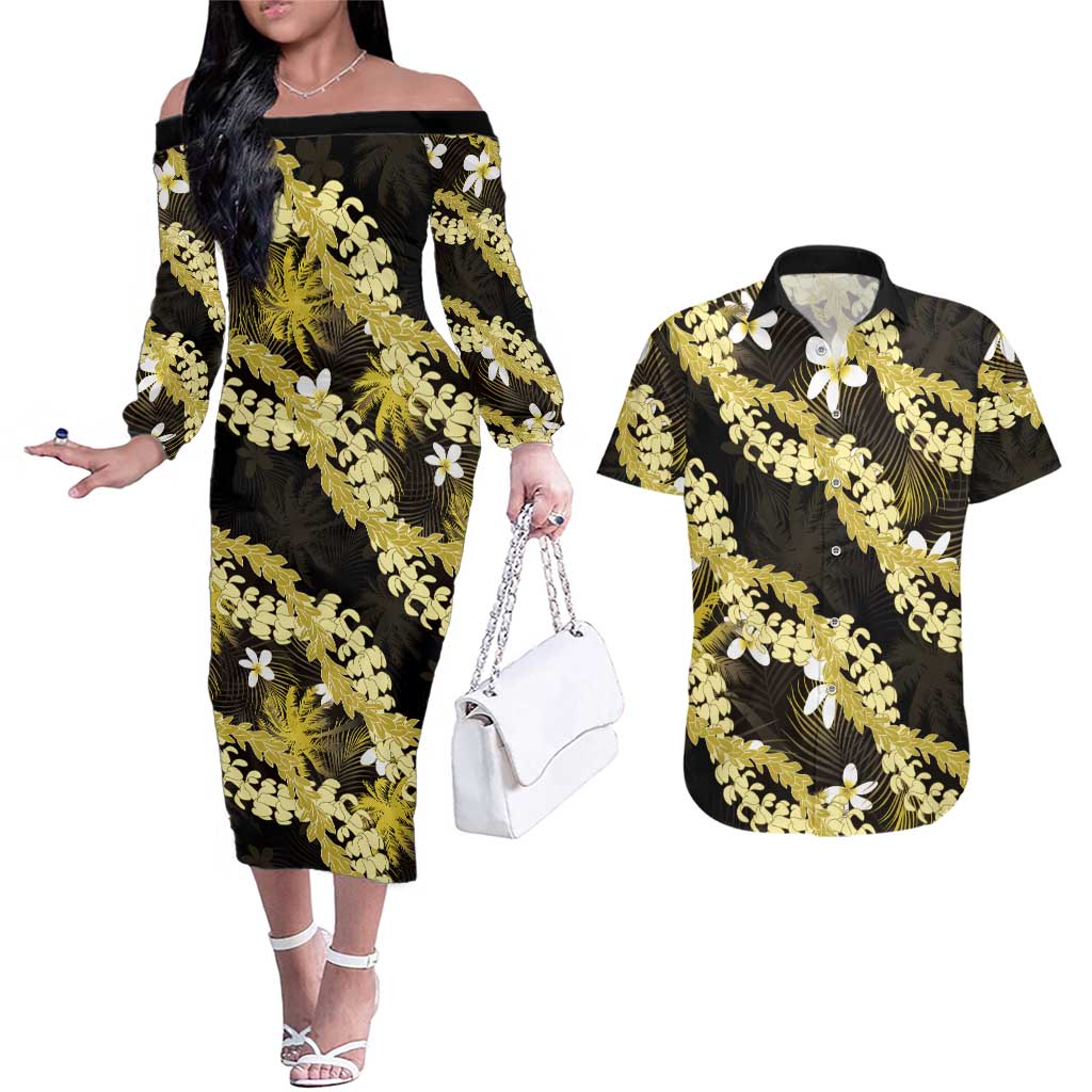 Puakenikeni Maile Lei Couples Matching Off The Shoulder Long Sleeve Dress and Hawaiian Shirt Frangipani Yellow Tropical Leaves