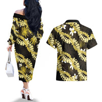 Puakenikeni Maile Lei Couples Matching Off The Shoulder Long Sleeve Dress and Hawaiian Shirt Frangipani Yellow Tropical Leaves