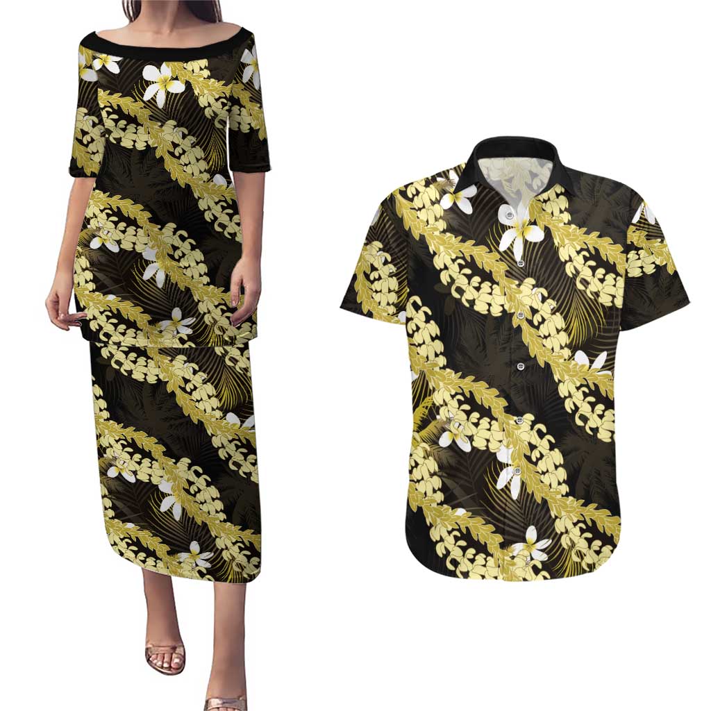 Puakenikeni Maile Lei Couples Matching Puletasi and Hawaiian Shirt Frangipani Yellow Tropical Leaves
