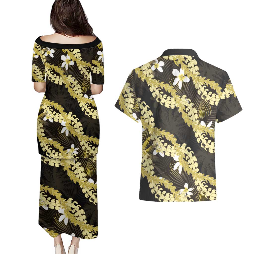 Puakenikeni Maile Lei Couples Matching Puletasi and Hawaiian Shirt Frangipani Yellow Tropical Leaves