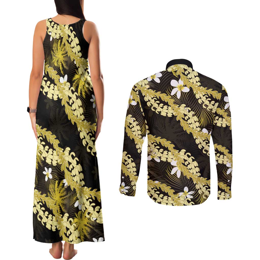 Puakenikeni Maile Lei Couples Matching Tank Maxi Dress and Long Sleeve Button Shirt Frangipani Yellow Tropical Leaves