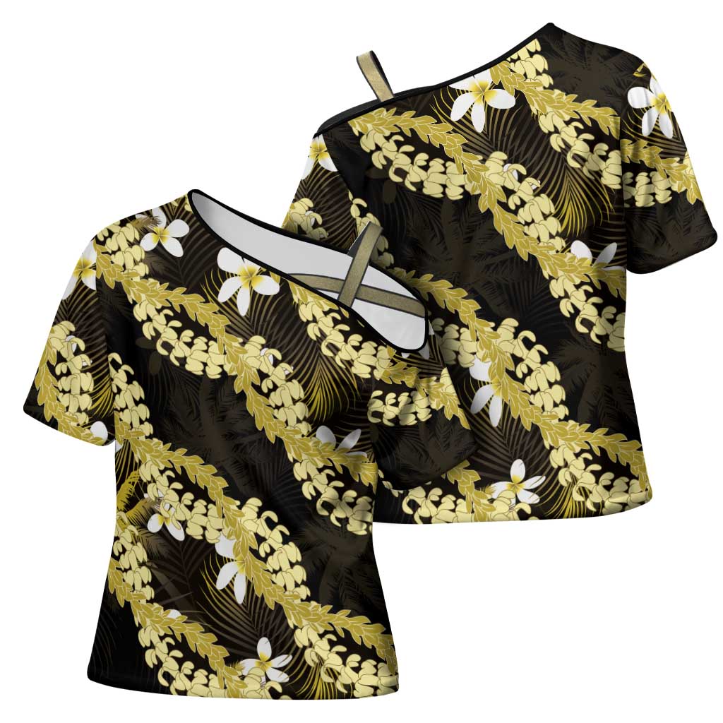 Puakenikeni Maile Lei Cross Shoulder Shirt Frangipani Yellow Tropical Leaves LT01 - Polynesian Pride