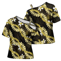 Puakenikeni Maile Lei Cross Shoulder Shirt Frangipani Yellow Tropical Leaves LT01 - Polynesian Pride
