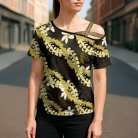 Puakenikeni Maile Lei Cross Shoulder Shirt Frangipani Yellow Tropical Leaves LT01 - Polynesian Pride