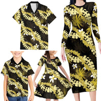 Puakenikeni Maile Lei Family Matching Long Sleeve Bodycon Dress and Hawaiian Shirt Frangipani Yellow Tropical Leaves
