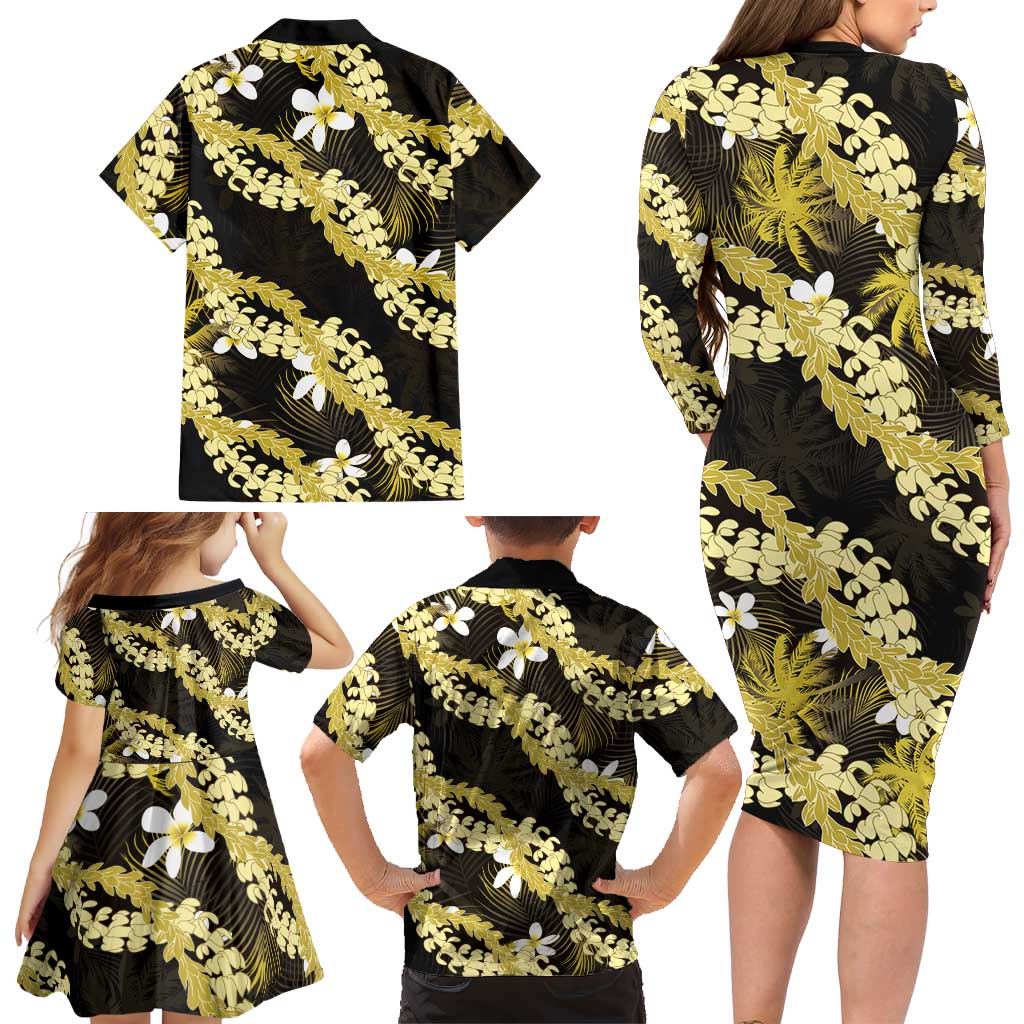 Puakenikeni Maile Lei Family Matching Long Sleeve Bodycon Dress and Hawaiian Shirt Frangipani Yellow Tropical Leaves
