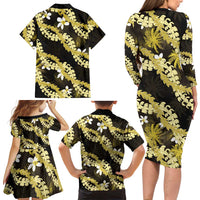 Puakenikeni Maile Lei Family Matching Long Sleeve Bodycon Dress and Hawaiian Shirt Frangipani Yellow Tropical Leaves