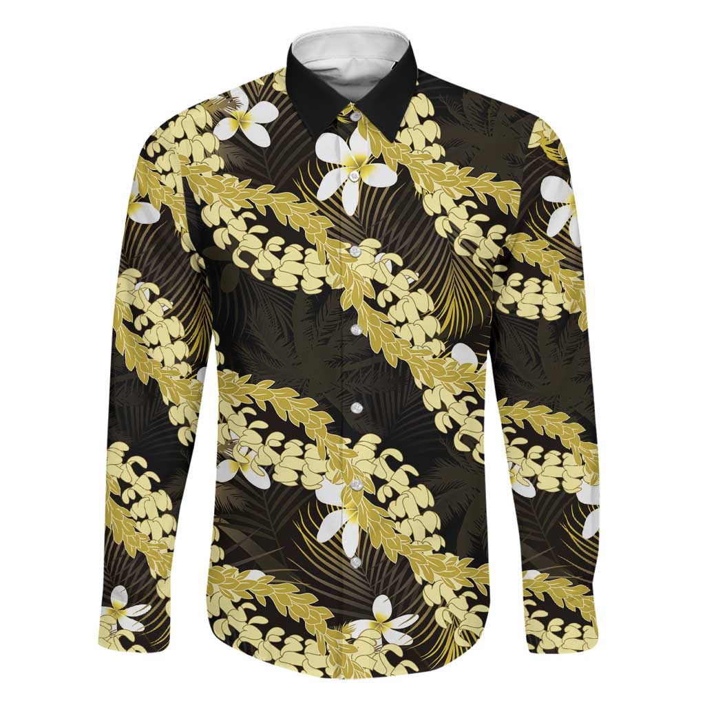 Puakenikeni Maile Lei Family Matching Long Sleeve Bodycon Dress and Hawaiian Shirt Frangipani Yellow Tropical Leaves