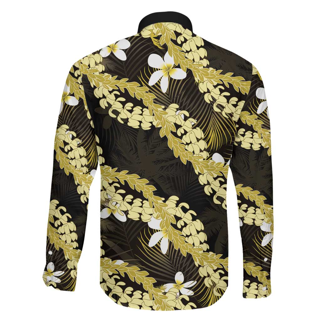 Puakenikeni Maile Lei Family Matching Long Sleeve Bodycon Dress and Hawaiian Shirt Frangipani Yellow Tropical Leaves