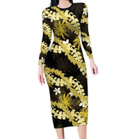 Puakenikeni Maile Lei Family Matching Long Sleeve Bodycon Dress and Hawaiian Shirt Frangipani Yellow Tropical Leaves