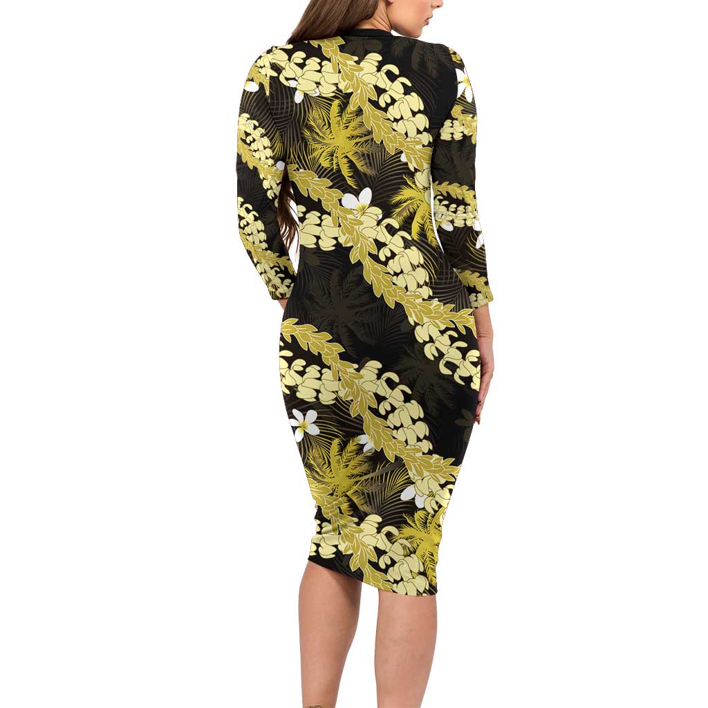 Puakenikeni Maile Lei Family Matching Long Sleeve Bodycon Dress and Hawaiian Shirt Frangipani Yellow Tropical Leaves
