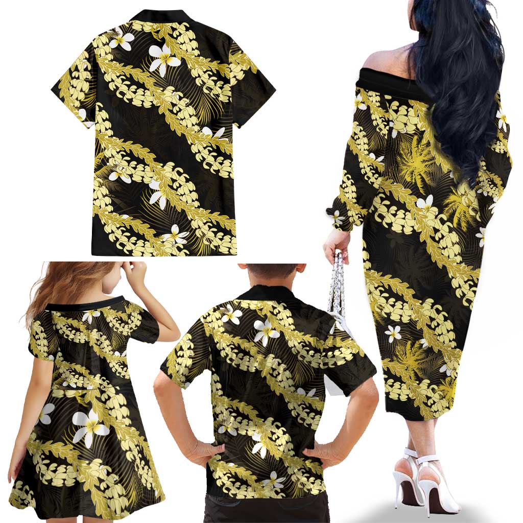 Puakenikeni Maile Lei Family Matching Off The Shoulder Long Sleeve Dress and Hawaiian Shirt Frangipani Yellow Tropical Leaves