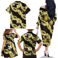 Puakenikeni Maile Lei Family Matching Off The Shoulder Long Sleeve Dress and Hawaiian Shirt Frangipani Yellow Tropical Leaves