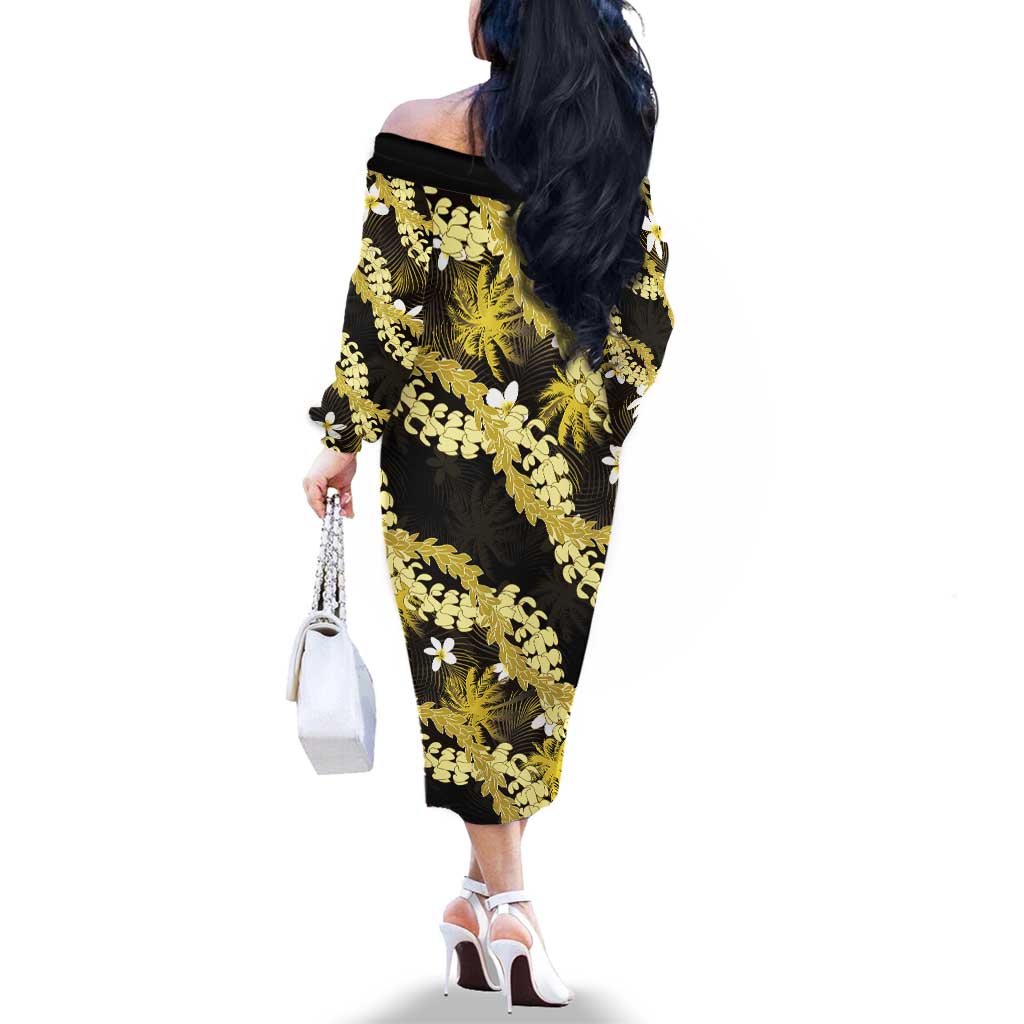 Puakenikeni Maile Lei Family Matching Off The Shoulder Long Sleeve Dress and Hawaiian Shirt Frangipani Yellow Tropical Leaves