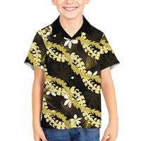 Puakenikeni Maile Lei Family Matching Off The Shoulder Long Sleeve Dress and Hawaiian Shirt Frangipani Yellow Tropical Leaves