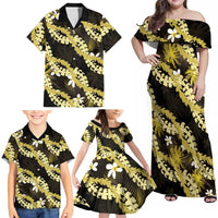 Puakenikeni Maile Lei Family Matching Off Shoulder Maxi Dress and Hawaiian Shirt Frangipani Yellow Tropical Leaves