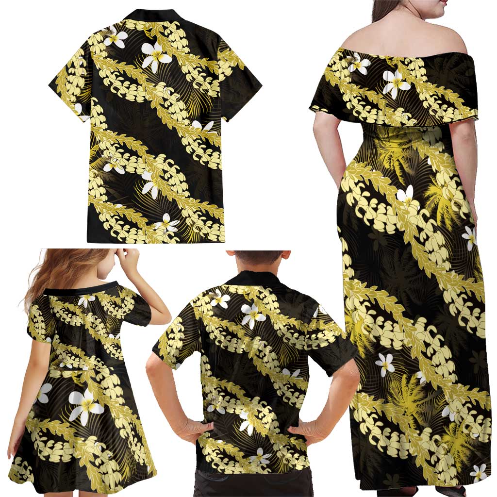 Puakenikeni Maile Lei Family Matching Off Shoulder Maxi Dress and Hawaiian Shirt Frangipani Yellow Tropical Leaves