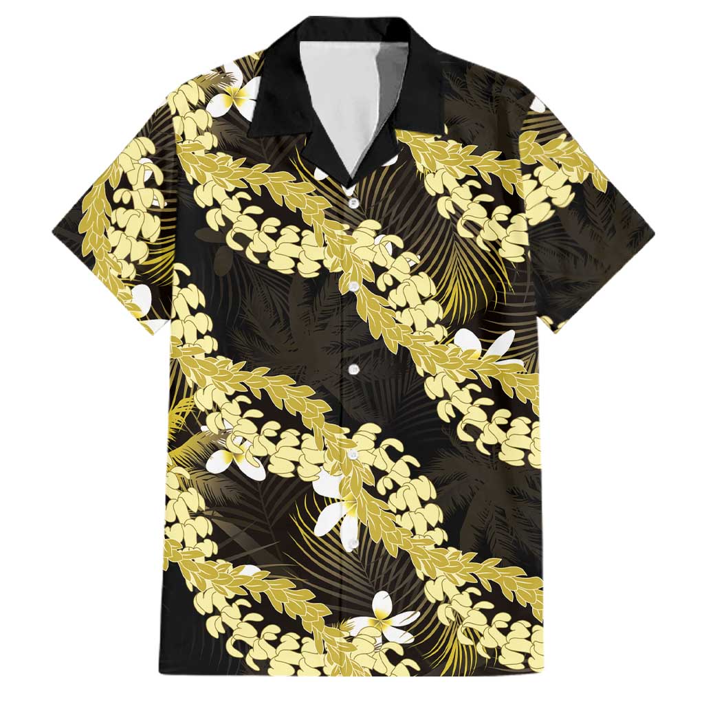 Puakenikeni Maile Lei Family Matching Off Shoulder Short Dress and Hawaiian Shirt Frangipani Yellow Tropical Leaves