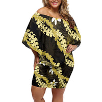 Puakenikeni Maile Lei Family Matching Off Shoulder Short Dress and Hawaiian Shirt Frangipani Yellow Tropical Leaves